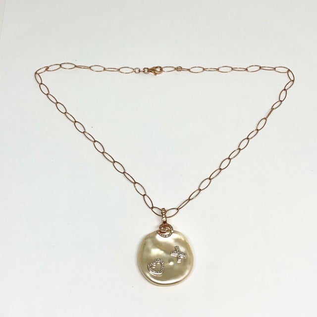 Italian Diamond Freshwater Pearl Necklace 14k Gold Pendant Italy Certified For Sale - Image 3 of 12