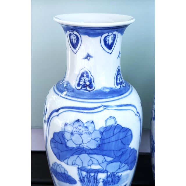 Vintage Blue & White 12" Porcelain Vases - A Pair For Sale - Image 4 of 11