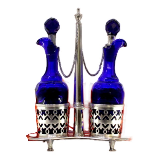Cruet with Silver Structure and Cruets in Cut Blue Glass, Set of 3 For Sale