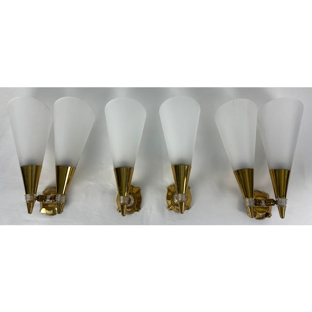 Plastic Set of 4 Mid Century Modern Brass Sconces For Sale - Image 7 of 9