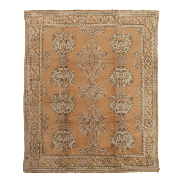 Antique Oushak Carpet, Oriental Rug, Handmade Taupe, Ice Blue and Brown For Sale