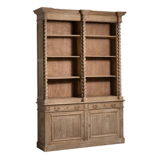 19th Century France Weathered Honey Oak Carved Oak Glazed Bookcase Hutch For Sale