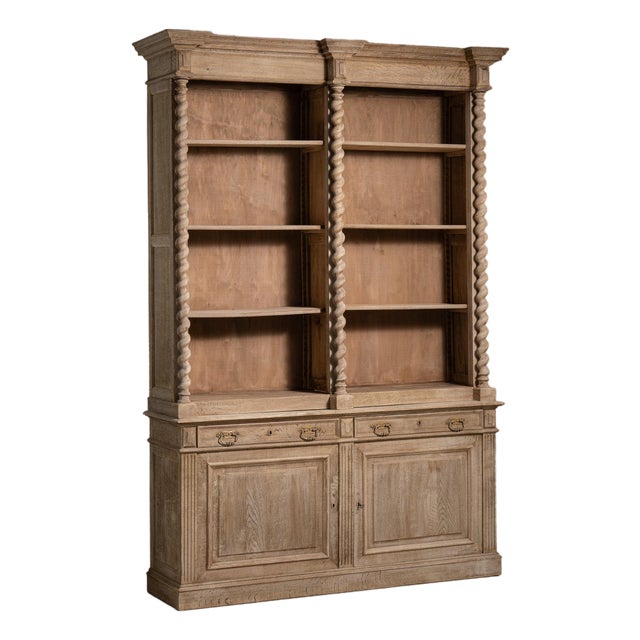 19th Century France Weathered Honey Oak Carved Oak Glazed Bookcase Hutch For Sale