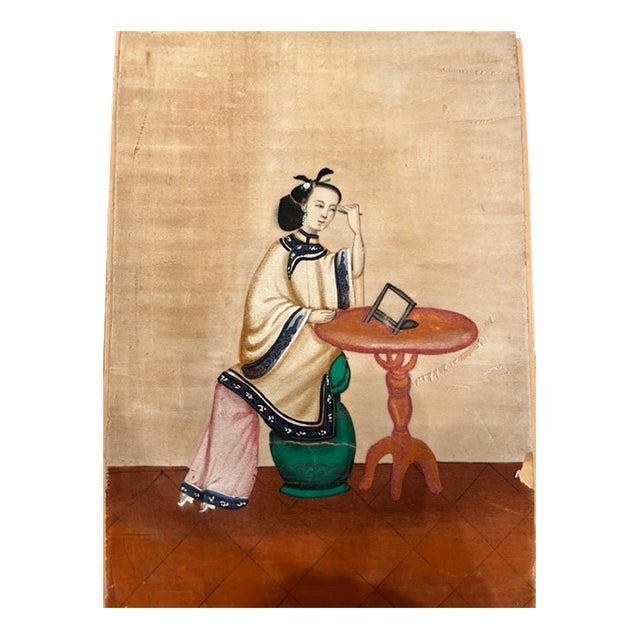 Antique 19thC Chinese Export Pith Paper Painting - Lady at Vanity Mirror For Sale
