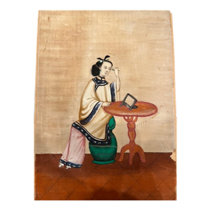 Antique 19thC Chinese Export Pith Paper Painting - Lady at Vanity Mirror