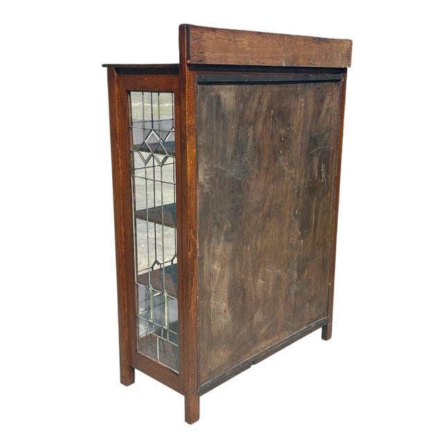 Antique Arts & Crafts Mission Oak China Cabinet With Leaded Crystal Glass Panels For Sale - Image 12 of 12