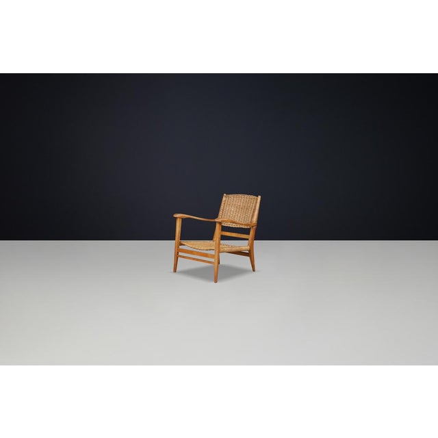 Mid-Century Sculpted Armchair in Oak and Rattan attributed to Børge Mogensen for Fredericia, France, 1950s For Sale - Image 3 of 10
