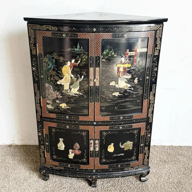 Chinese Chinese Black Lacquered and Hand Painted Demi Lune Cabinet For Sale - Image 3 of 10