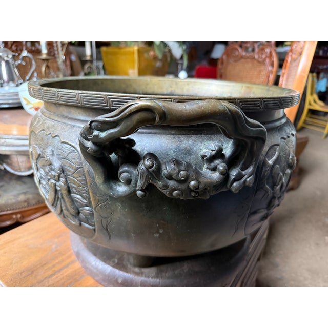 Coffee Early 20th Century Japanese Cast Bronze Jardinière With Raised Samurai Warrior and Natural Scenes For Sale - Image 8 of 9