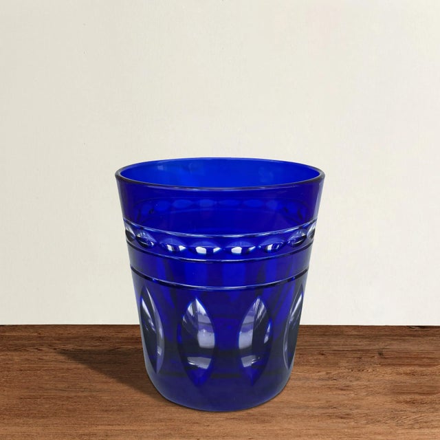 A chic set of ten mid-20th century Belgian Val Saint Lambert DOF cut cobalt crystal glasses, Kent York pattern. Perfect...