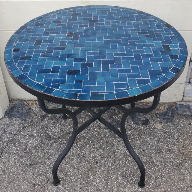 2020s 32" Moroccan Round Mosaic Table, Blue Petrol Bejmat Style / Squares For Sale - Image 5 of 5