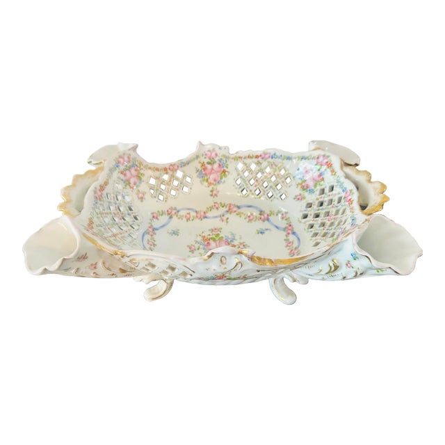 Antique German Dresden Reticulated Porcelain Floral Centerpiece Bowl For Sale