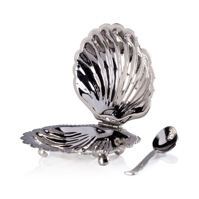 Brass Cap Ferrat Fan Shell Lidded Bowl with Spoon, Nickel For Sale - Image 8 of 8