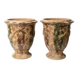 Antique French Glazed Terracotta Anduze Planters, Signed For Sale
