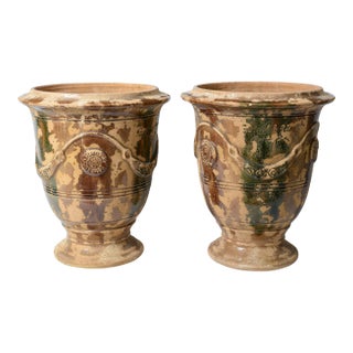 Antique French Glazed Terracotta Anduze Planters, Signed For Sale