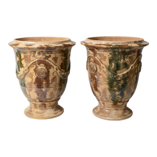 Antique French Glazed Terracotta Anduze Planters, Signed For Sale