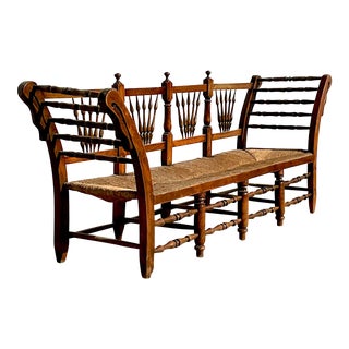 Vintage Rustic Rush Seat Bench For Sale