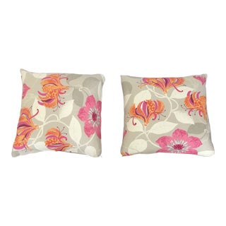 Pink & Orange Floral Pillows - a Pair For Sale