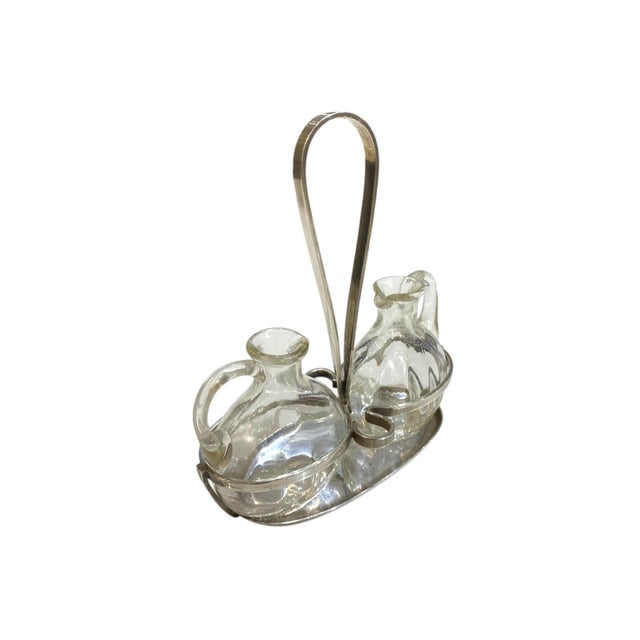 Mid-Century Modern Mid 20th Century Arthur Krupp Milano Oil and Vinegar Glass and Silverplate Cruet Set - 3pcs, Possibly Gio Ponti For Sale - Image 3 of 16