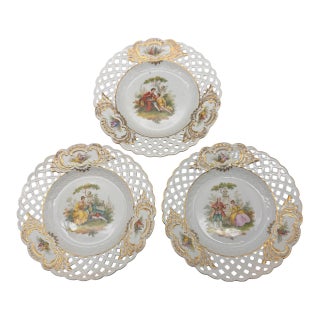 Vintage Meissen Rococo Revival Style Reticulated Porcelain Decorative Plates - Set of 3 For Sale