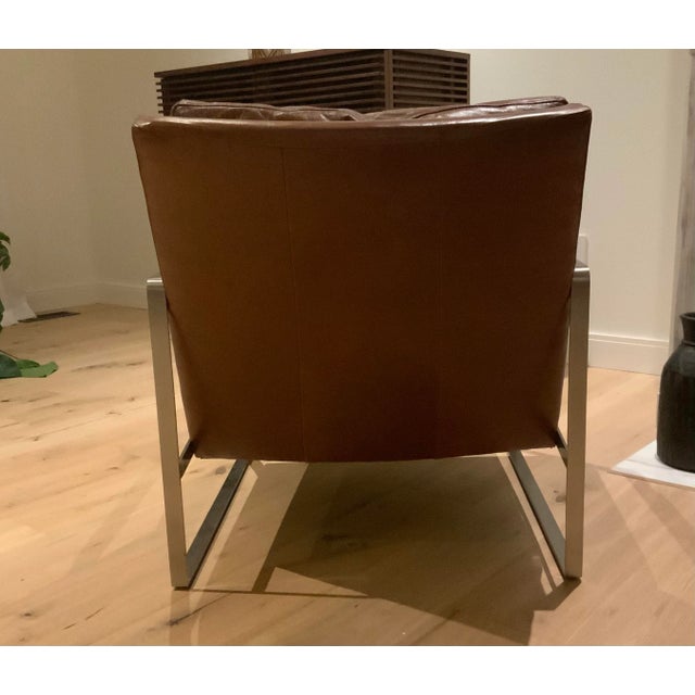 Mid-Century Modern Pottery Barn Brown Leather Metal Armchair For Sale - Image 3 of 4