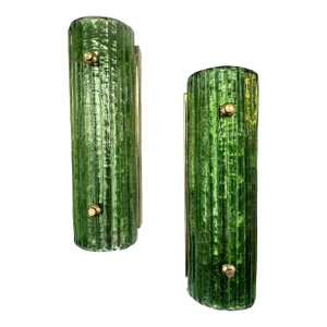 Contemporary Pair of Brass and Green Murano Glass Sconces, Italy