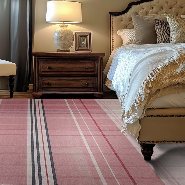 Bubble Gum Pink Plaid Flatweave Wool Rug 9x12 For Sale - Image 8 of 9
