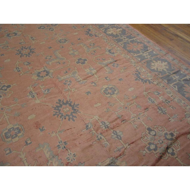 Textile Elegant Peach Background Allover-Geometric Pattern Antique Turkish Oushak Rug For Sale - Image 7 of 7