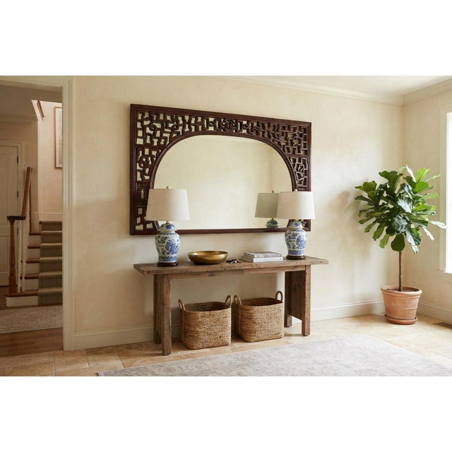 Chinese Reddish Brown Stain Geometric Scenery Carving Wood Frame Wall Mirror For Sale - Image 11 of 12