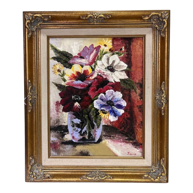 1980s Vintage Flower Bouquet Oil Painting-Signed For Sale