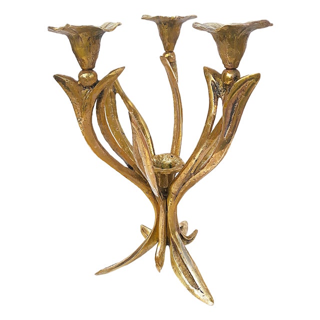 French Art Nouveau Brass Floral Candlestick, 1910s For Sale