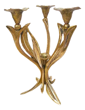 French Art Nouveau Brass Floral Candlestick, 1910s