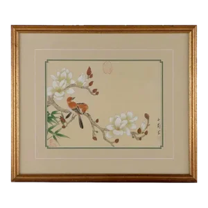 Vintage Chinese Floral Botanical Painting With Bird on Silk .