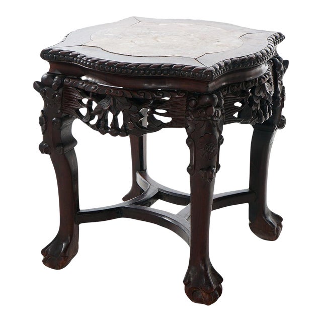 Antique Chinese Carved Rosewood Marble Top Low Table 1890 For Sale