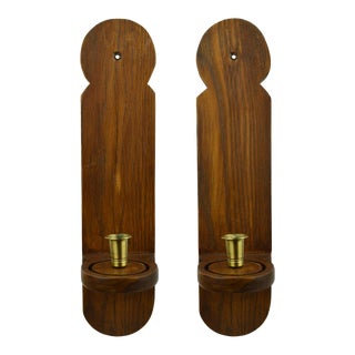 Handmade Wood and Brass Candle Stick Holder Wall Mounted Sconces - a Pair For Sale