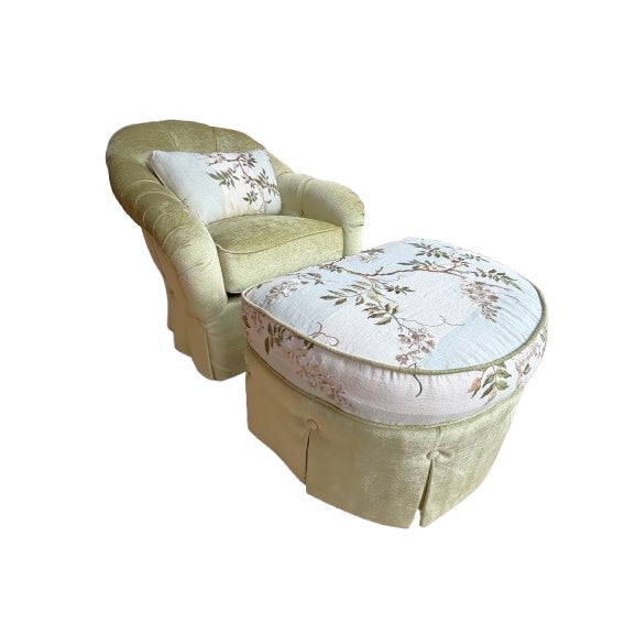 Custom Tufted Celadon Green Lounge Chair & Ottoman Set in Floral Colefax and Fowler For Sale - Image 15 of 18