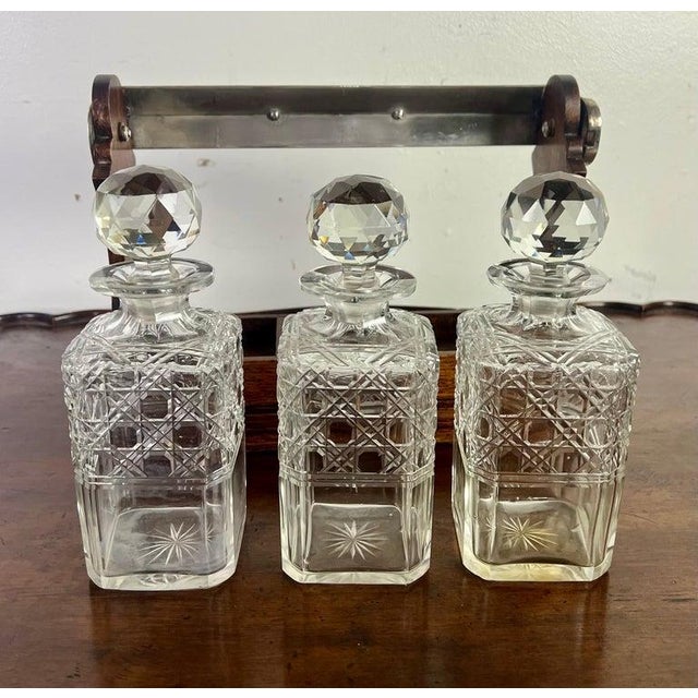 Victorian Decanter Set in Oak Caddy, Crystal & Metal, England, 19th C. For Sale - Image 4 of 17