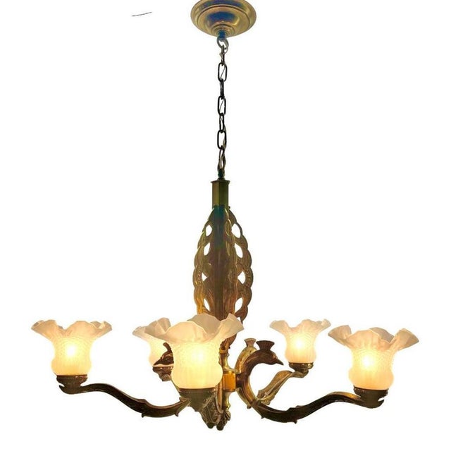 Art Deco Bronze Chandelier Details with 5 Glass Shades, 1930s For Sale - Image 3 of 18