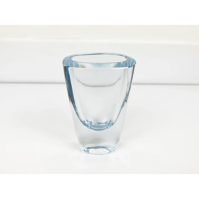 Vintage handcrafted oval shaped aqua blue crystal vase by Strombergshyttan. Signed on bottom. Artist: Asta Stromberg...