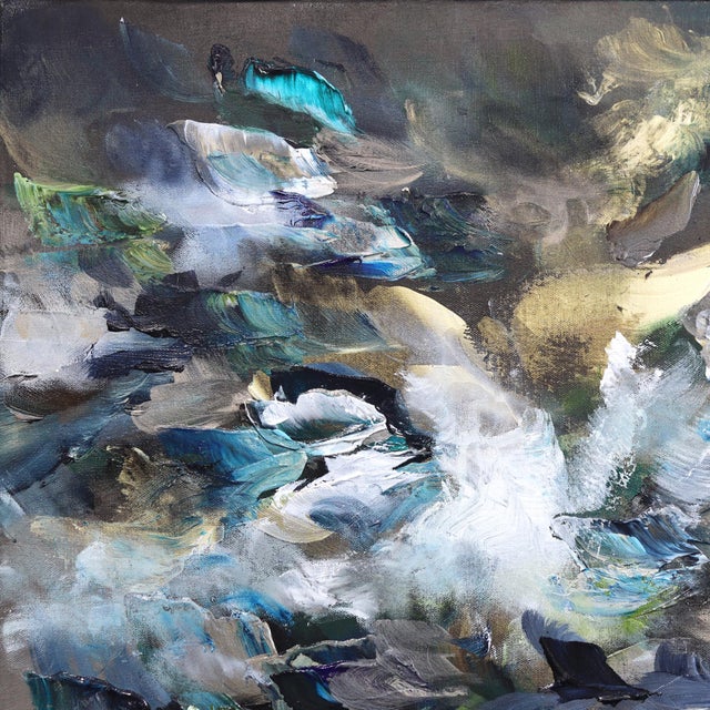 Follow Your Intuition - Cool Tone Abstract Textural Acrylic Painting on Canvas by Vè Boisvert For Sale In Los Angeles - Image 6 of 9