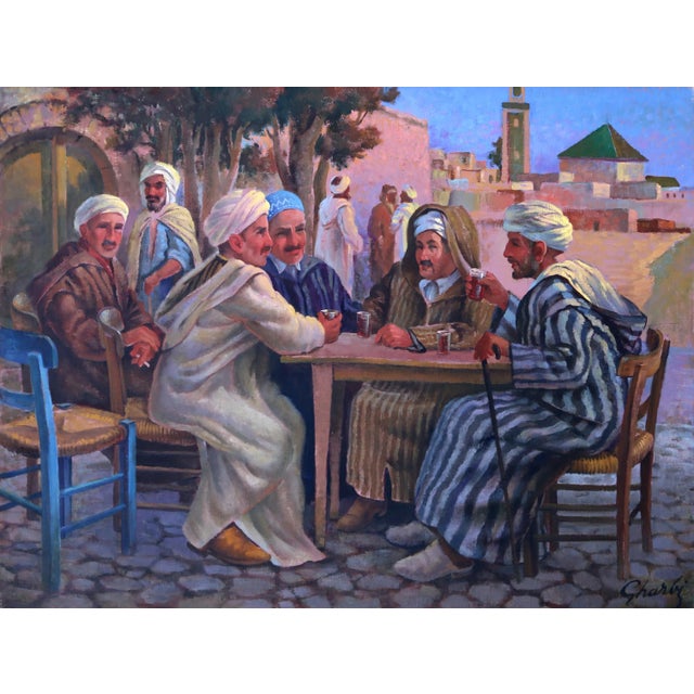 1970s Men Talking at a table, Jalal Gharbi Oil on Canvas Painting For Sale - Image 5 of 5