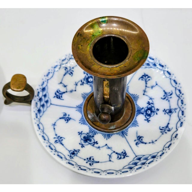 Royal Blue Pair of Vintage Royal Copenhagen Blue Fluted Brass Push-Up Chambersticks, Denmark For Sale - Image 8 of 15