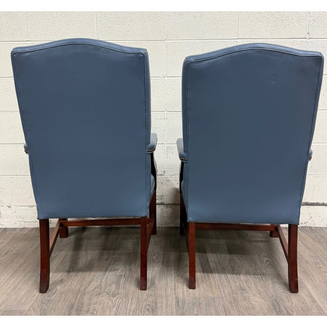 Vintage Chippendale Style Blue Leather and Nailhead Executive Armchairs - Pair For Sale - Image 10 of 11