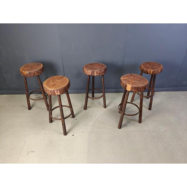 Beautiful hand made mid century tripod bar stools with with tree root seats. Good original condition. 1970s - Belgium...