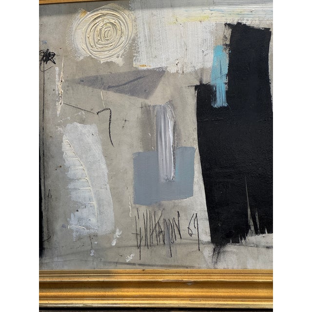 Original black and white abstract painting c 1960 by Graham Harmon. Presented in a vintage gilt frame signed lower right....