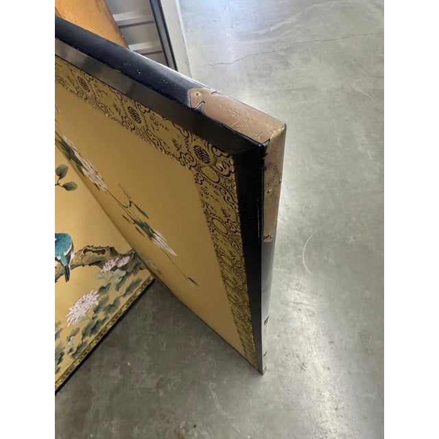Peach Mid 20th Century Japanese Four-Panel Hand-Painted Silk Byōbu Screen With Birds & Blossoms For Sale - Image 8 of 11