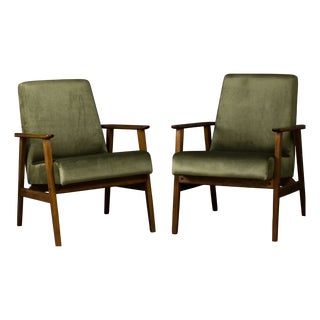 Mid-Century Modern Beech Chairs in Olive Green Velvet, 1970s, Set of 2 For Sale