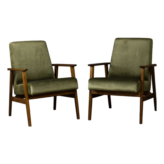 Mid-Century Modern Beech Chairs in Olive Green Velvet, 1970s, Set of 2 For Sale
