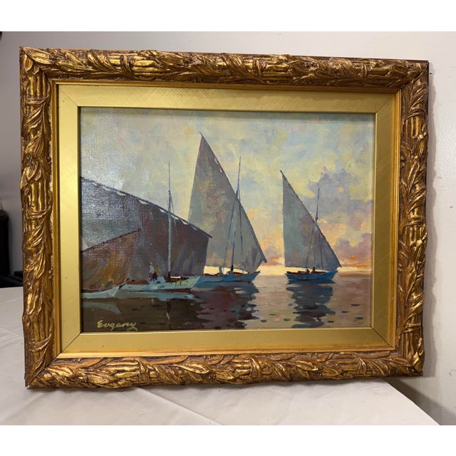 Nautical Vintage Original Evgeny Expressionism Nautical Sail Boat Oil Painting on Canvas For Sale - Image 3 of 14