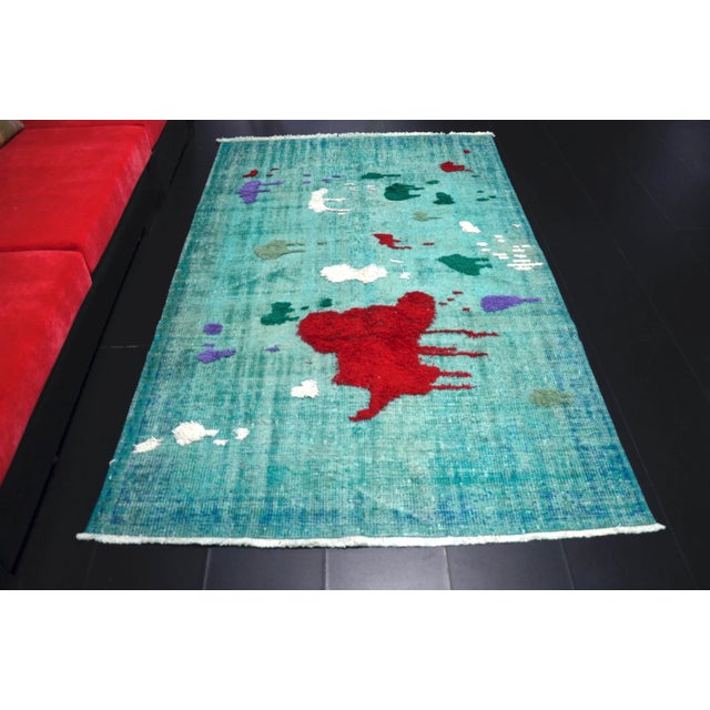 Turquoise Vintage Pompom Design Turkish Handmade Turquoise Rug For Sale - Image 8 of 11